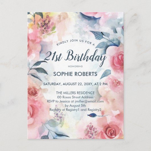 Invitation Carte Postale Aquarelle romantique rouge rose florale 21e annive (Devant)