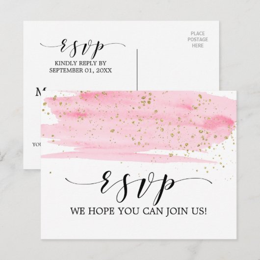 Invitation Carte Postale Aquarelle Rose Blush et Gold Song Request RSVP (Devant / Derrière)