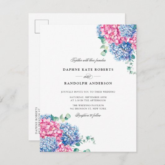 Invitation Carte Postale Aquarelle rose et bleu Hydrangeas mariage RSVP (Devant / Derrière)