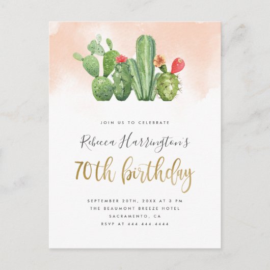 Invitation Carte Postale Aquarelle rose et cactus 70e anniversaire (Devant)