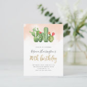 Invitation Carte Postale Aquarelle rose et cactus 70e anniversaire (Debout devant)