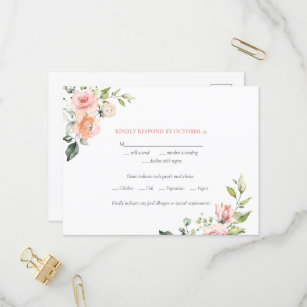 Invitation Carte Postale Aquarelle rose Floral Repas Mariage RSVP