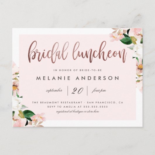Invitation Carte Postale Aquarelle Rose Floral Rose Gold Bridal Luncheon (Devant)