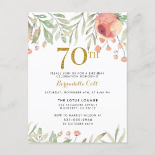 Invitation Carte Postale Aquarelle Rose & Parties scintillant or 70e annive