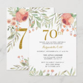 Invitation Carte Postale Aquarelle Rose & Parties scintillant or 70e annive (Devant / Derrière)