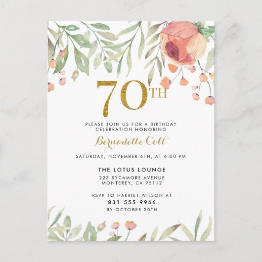 Invitation Carte Postale Aquarelle Rose & Parties scintillant or 70e annive (Devant)