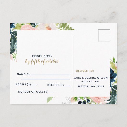 Invitation Carte Postale Aquarelle rustique Marine Blush or Floral RSVP (Dos)