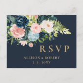 Invitation Carte Postale Aquarelle rustique Marine Blush or Floral RSVP (Devant)