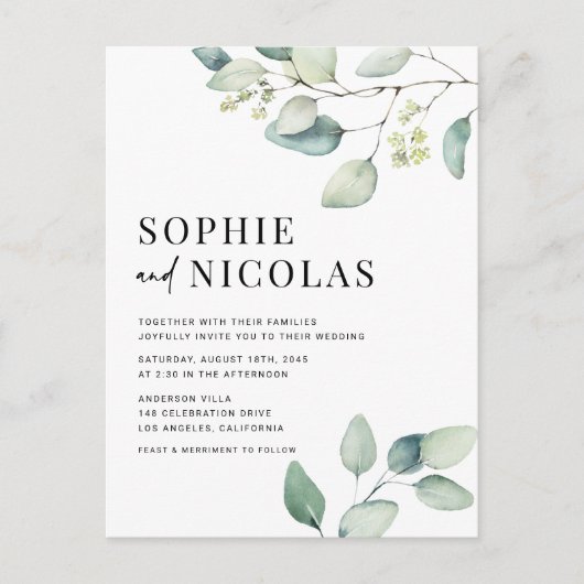Invitation Carte Postale Aquarelle Sage vert Eucalyptus QR Code Mariage (Devant)