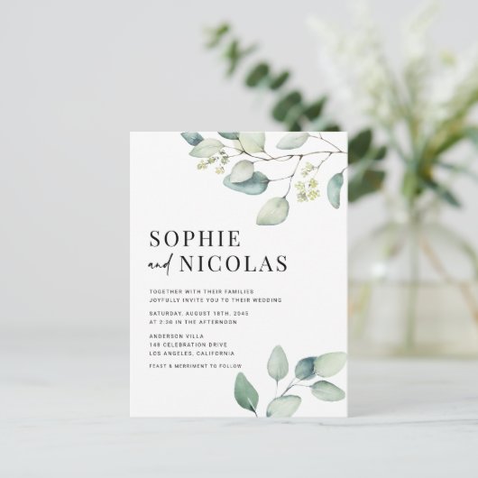 Invitation Carte Postale Aquarelle Sage vert Eucalyptus QR Code Mariage (Debout devant)