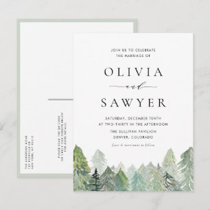 Invitation Carte Postale Aquarelle Snowy Evergreens Mariage d'hiver QR Code