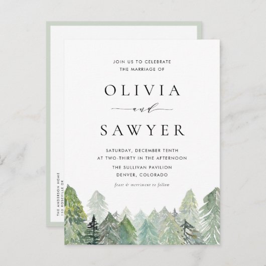 Invitation Carte Postale Aquarelle Snowy Evergreens Mariage d'hiver QR Code (Devant / Derrière)