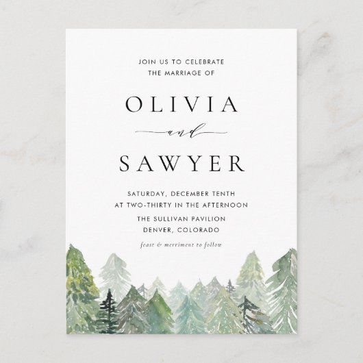 Invitation Carte Postale Aquarelle Snowy Evergreens Mariage d'hiver QR Code (Devant)