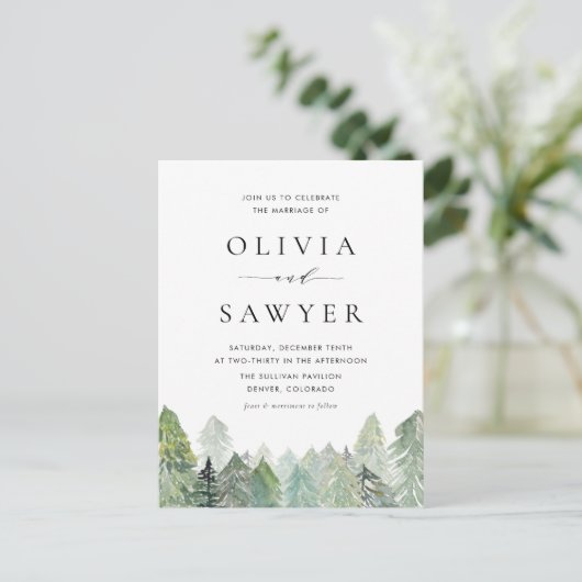 Invitation Carte Postale Aquarelle Snowy Evergreens Mariage d'hiver QR Code (Debout devant)