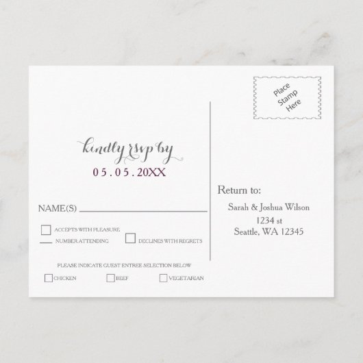 Invitation Carte Postale aquarelle succulent prune mariage rose rsvp (Dos)