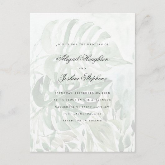 Invitation Carte Postale Aquarelle Tropical Monstera Feuille Mariage d'été (Devant)