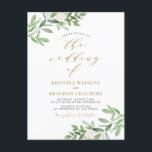 Invitation Carte Postale Aquarelle Verdure et Fleurs blanches Mariage or<br><div class="desc">Invités Invitations à votre mariage avec cette belle carte postale personnalisée d'invitation à la verdure aquarelle. Il présente des illustrations d'aquarelle de feuillage vert et de fleurs blanches et un élégant script d'or. Cette carte postale blanche à fleurs est parfaite pour les mariages du printemps, du jardin et de l'hiver....</div>