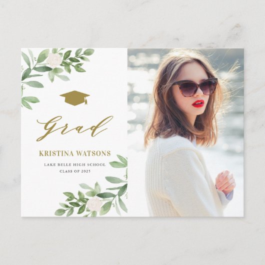 Invitation Carte Postale Aquarelle Verdure Fleurs blanches Graduation (Devant)