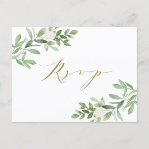 Invitation Carte Postale Aquarelle Vert et Fleurs blanches RSVP