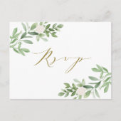 Invitation Carte Postale Aquarelle Vert et Fleurs blanches RSVP (Devant)