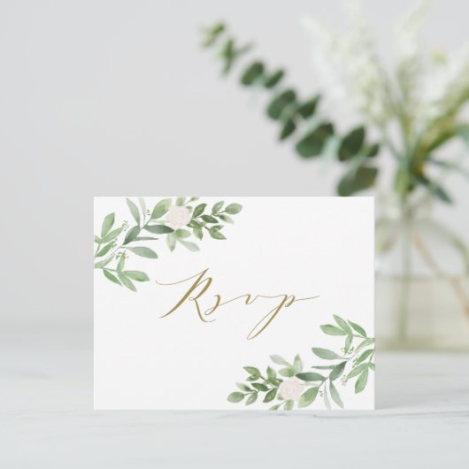 Invitation Carte Postale Aquarelle Vert et Fleurs blanches RSVP (Debout devant)