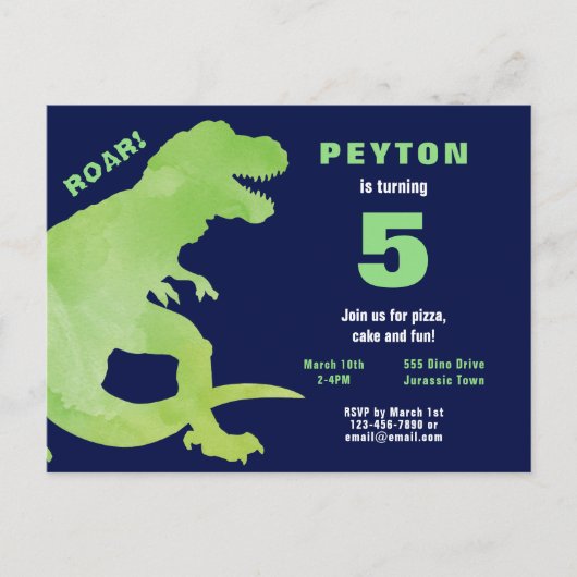 Invitation Carte Postale Aquarelle verte T-Rex Dinosaur fête d'anniversaire (Devant)