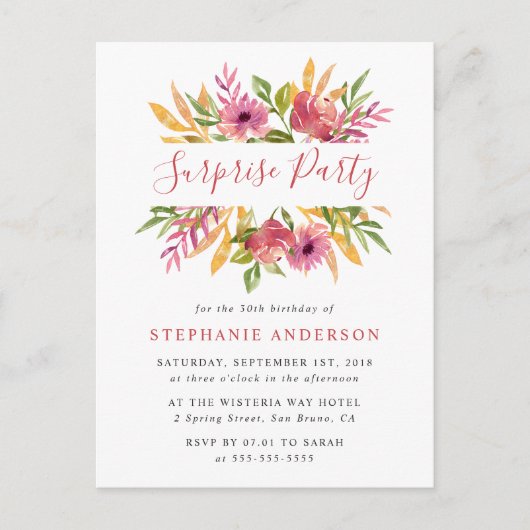 Invitation Carte Postale Aquarelle vive Florale Surprise fête d'anniversair (Devant)