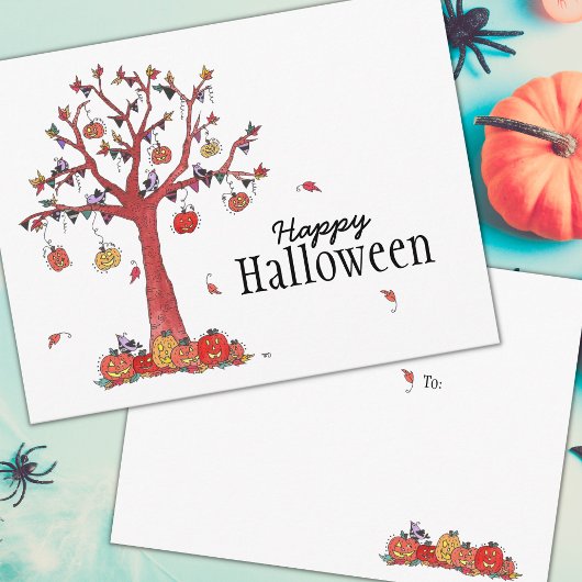 Invitation Carte Postale Arbre de fête de l'Halloween avec oiseaux