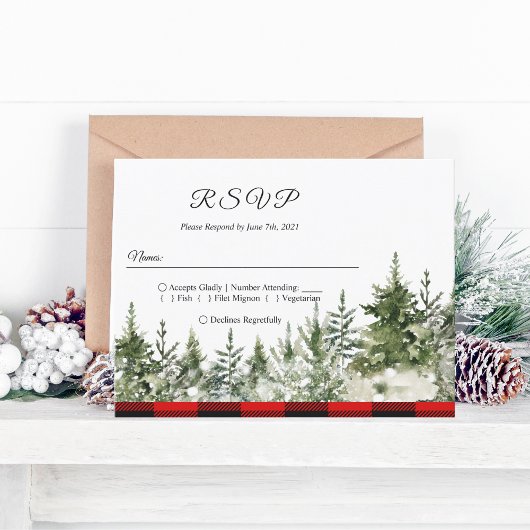 Invitation Carte Postale Arbre de pin vert aquarelle et carreau de buffle r