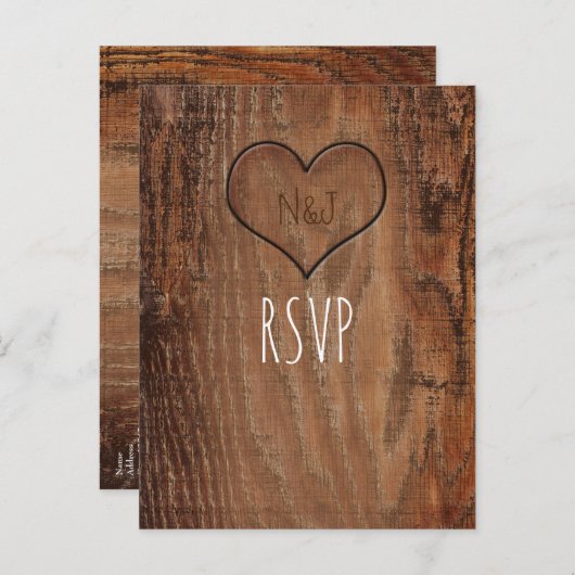 Invitation Carte Postale Arbre en bois Coeur sculpté Mariage en bois rustiq (Devant / Derrière)