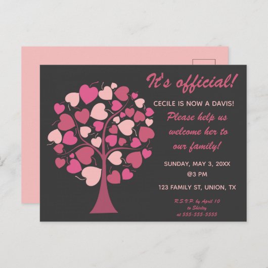 Invitation Carte Postale Arbre familial modifiable des coeurs Adoption Invi (Devant / Derrière)