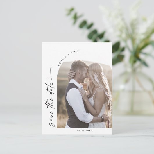 Invitation Carte Postale Arc moderne Boho QR Code Photo Enregistrer la date (Debout devant)