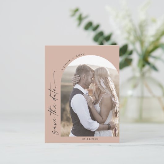 Invitation Carte Postale Arche moderne | Saumon QR Code photo Enregistrer l (Debout devant)