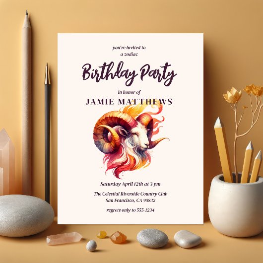 Invitation Carte Postale Aries Aquarelle Ram Zodiac Thème Anniversaire Fête