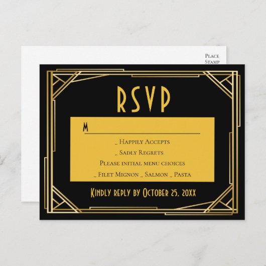 Invitation Carte Postale Art Déco Black Gold RSVP Great Gatsby Mariage (Devant / Derrière)