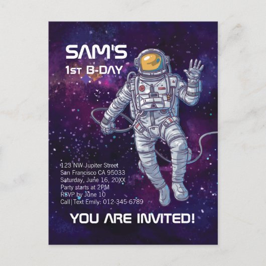 Invitation Carte Postale Astronaute dans l'espace | Etoiles d'aquarelle et (Devant)