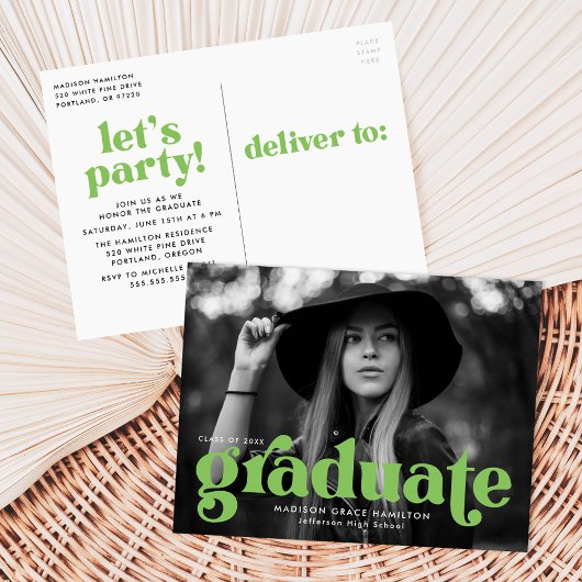 Invitation Carte Postale Audacieuse Typographie Lime Green Photo Graduation