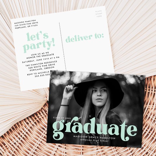 Invitation Carte Postale Audacieuse Typographie Mint Photo Graduation Party
