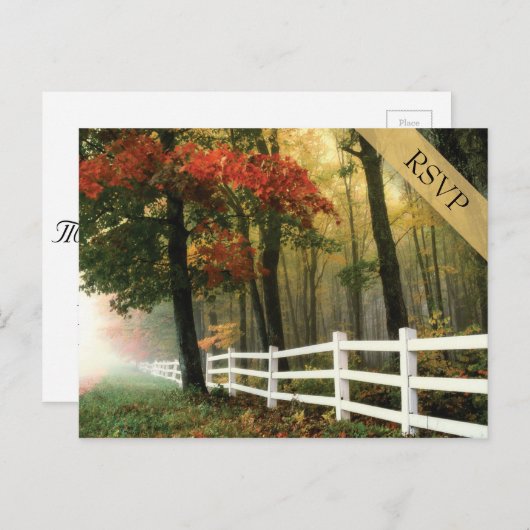 Invitation Carte Postale Automne Feuilles blanc Picket clôture mariage RSVP (Devant / Derrière)