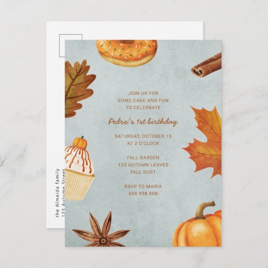 Invitation Carte Postale Automne Première fête d'anniversaire Garçon Automn (Devant / Derrière)