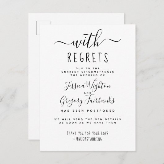 Invitation Carte Postale Avec Regrets Mariage différé noir & blanc (Devant / Derrière)