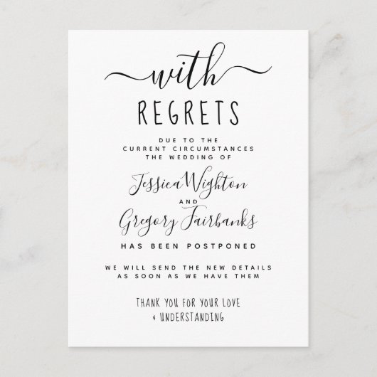Invitation Carte Postale Avec Regrets Mariage différé noir & blanc (Devant)