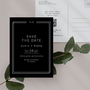 Invitation Carte Postale AVERY Modern Dark Black Wedding Enregistrer la dat
