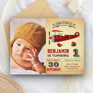 Invitation Carte Postale Avion vintage Red Retro Anniversaire