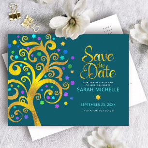 Invitation Carte Postale B Bat Mitzvah Date à retenir Arbre de vie or sarce