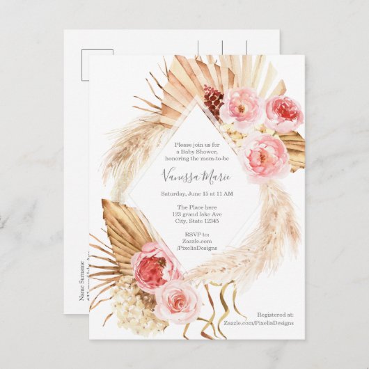 Invitation Carte Postale Baby Girl Douche moderne Boho Pampas herbe fleurie (Devant / Derrière)