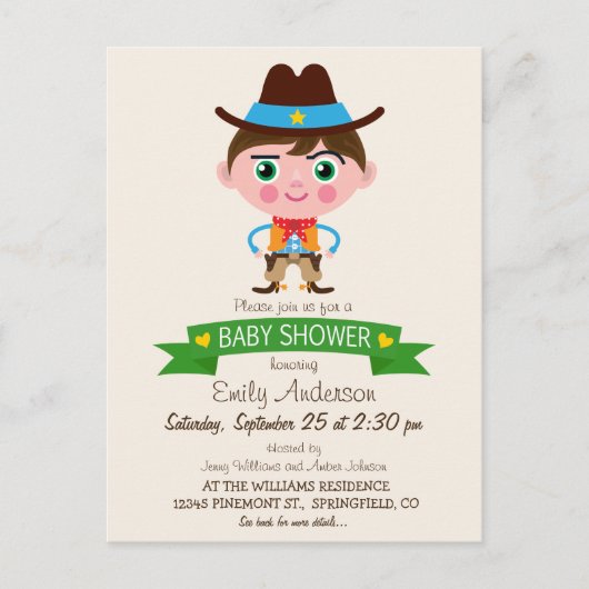 Invitation Carte Postale Baby shower à thème Wild West Cowboy (Devant)