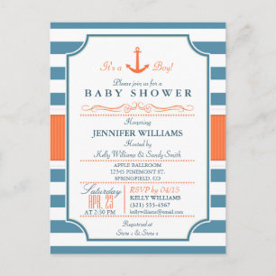 Invitation Carte Postale Baby shower Ancre bleu marine et orange