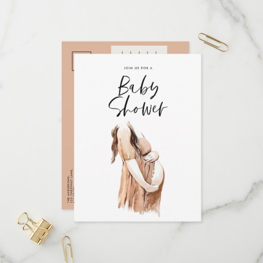 Invitation Carte Postale Baby shower aquarelle illustration script simple (Devant/Arrière en situation)