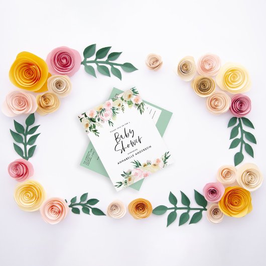 Invitation Carte Postale Baby shower aquarelle vert rose floral script